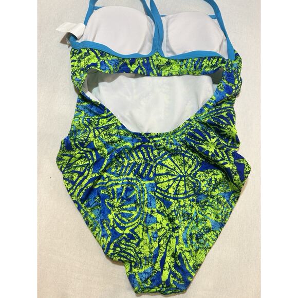 Nike One Piece‎ Swimsuit Neon Green & Blue Print Girls Size 14 Floral Geometric - Picture 9 of 11